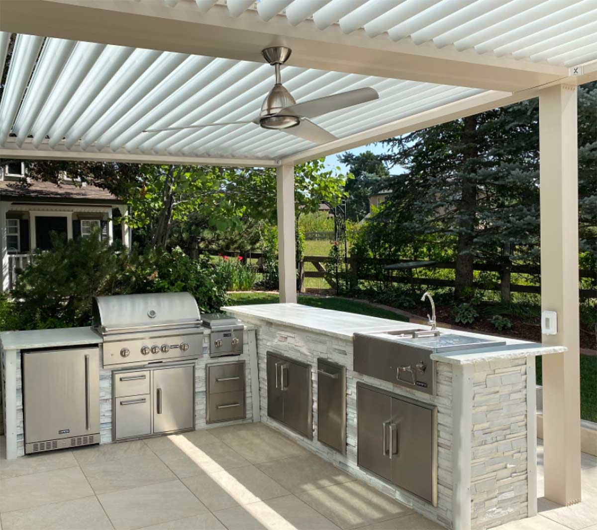 l shaped outdoor kitchen with pergola ideas for refreshment center and refrigerator on patio