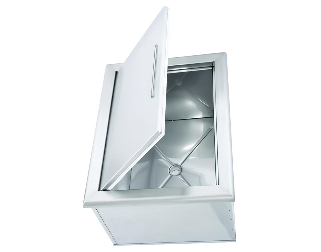 outdoor ice chest with hinged lid open